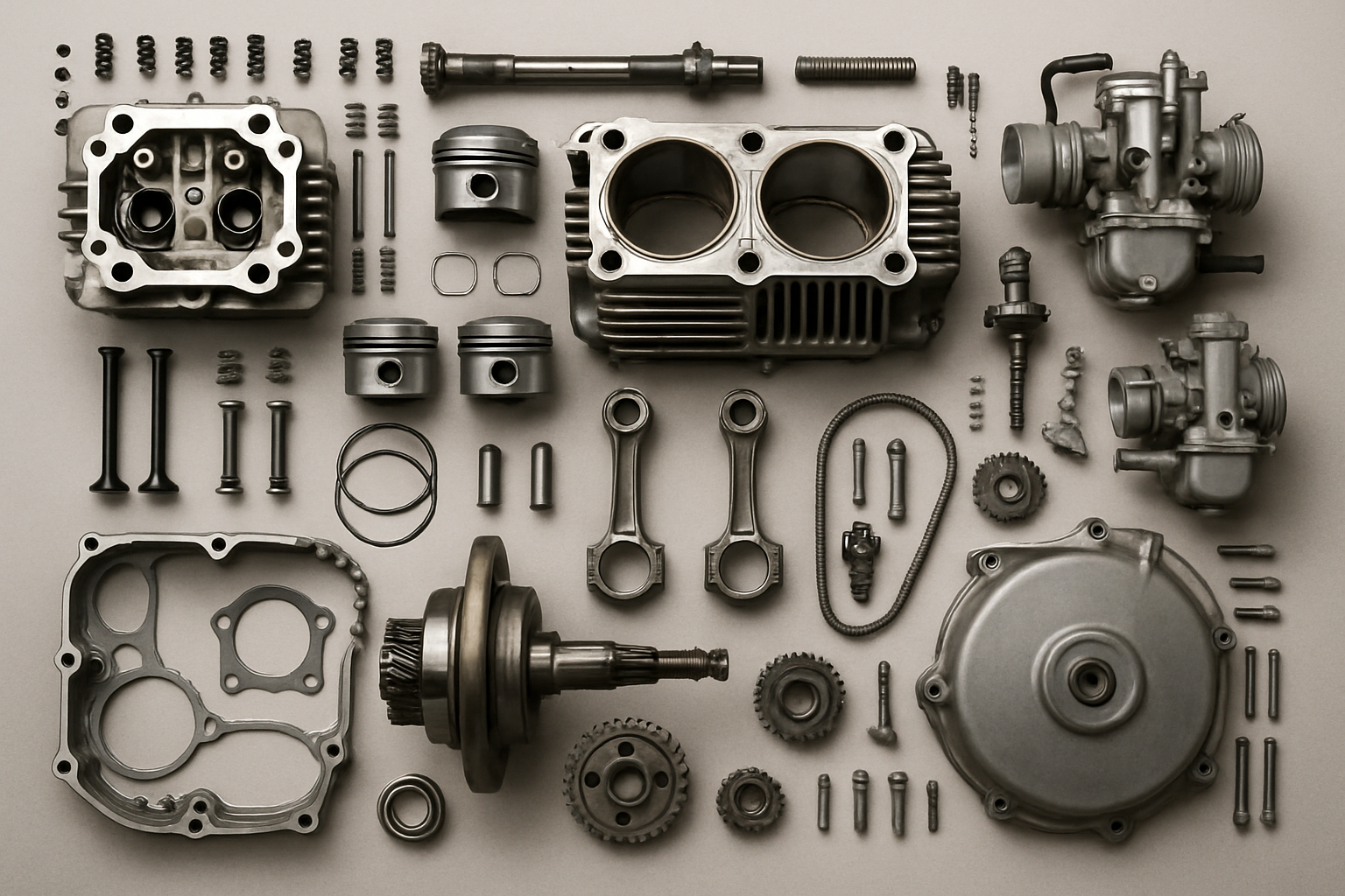 make me a picture of a motorbike engine in parts